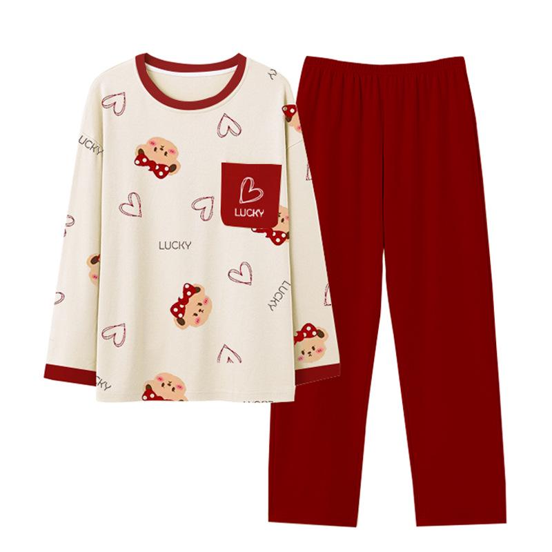 Women's Cotton Cartoon Pajama Set - Long Sleeve, Round Neck, Plus Size, Korean Style for Spring, Autumn, and Winter.