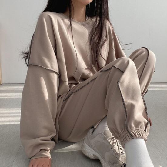 Yousheng - Conjunto de 2 piezas para mujer, top y pantalón, cuello redondo, manga larga, sudadera de color liso, cintura elástica, pantalones holgados, conjunto deportivo, chándal para otoño y primavera