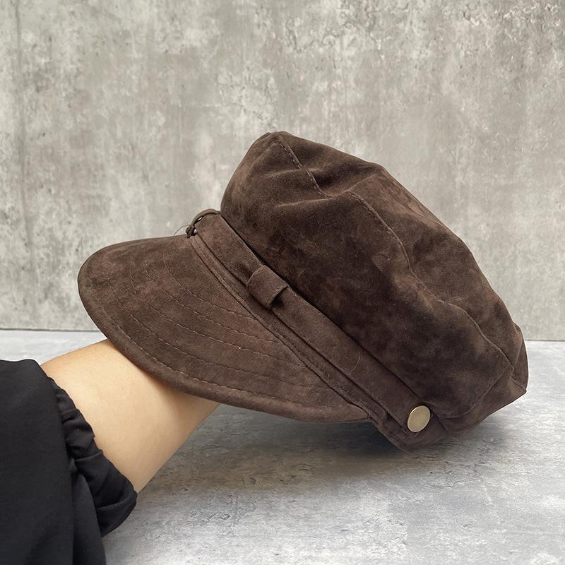 Trendy Temperament Painter Hat Brown Suede Soft Edge Flat Top Newsboy Hat Female Retro British Star Anise