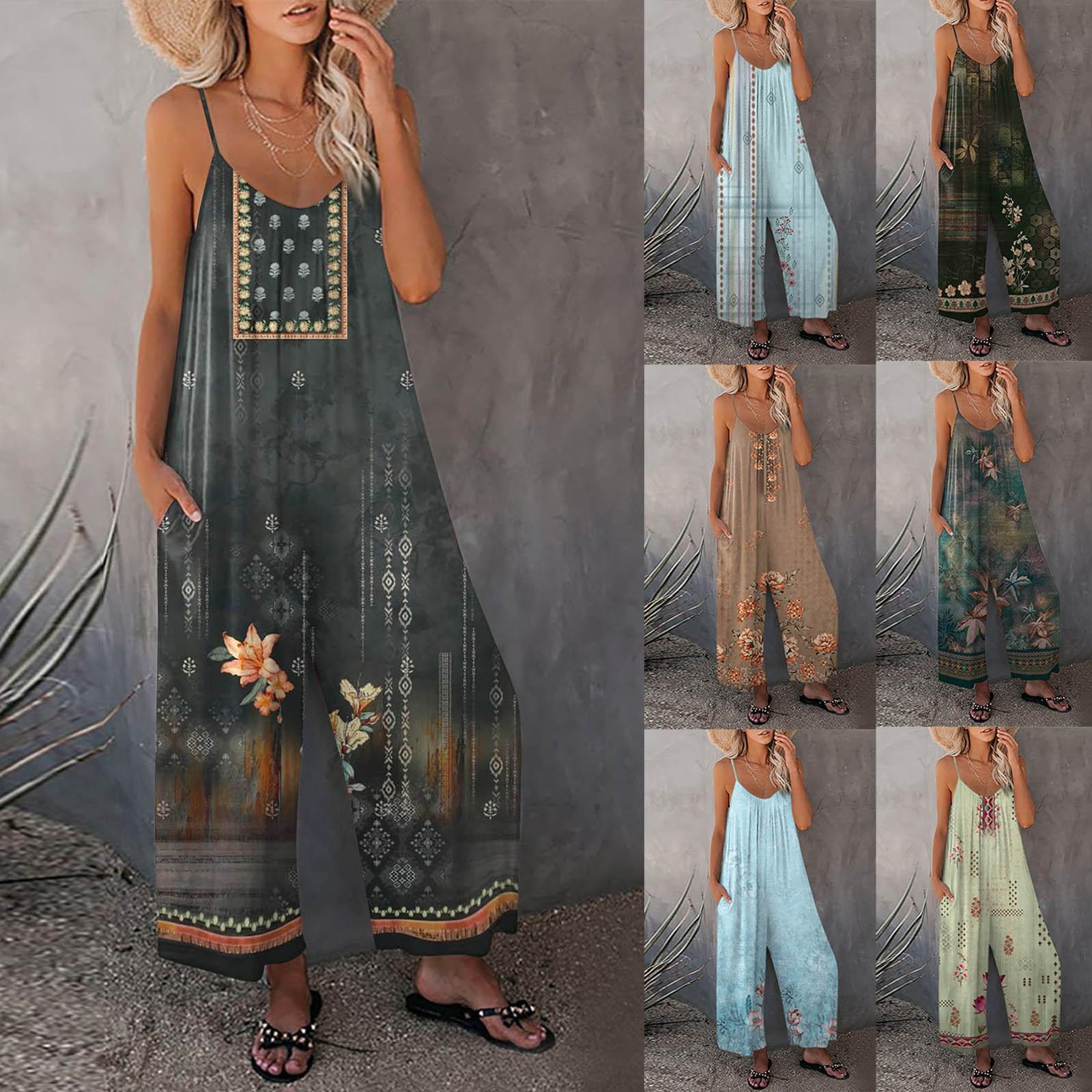 

Женский комбинезон без рукавов с круглым вырезом и цветным принтом на бретелях, весенние и летние повседневные широкие брюки для отпуска