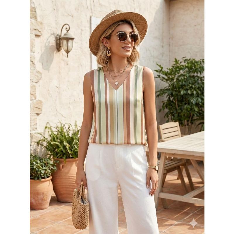 BITCED Women's Fashion Casual Solid Color Print Sleeveless V Neck Blouses & Shirts