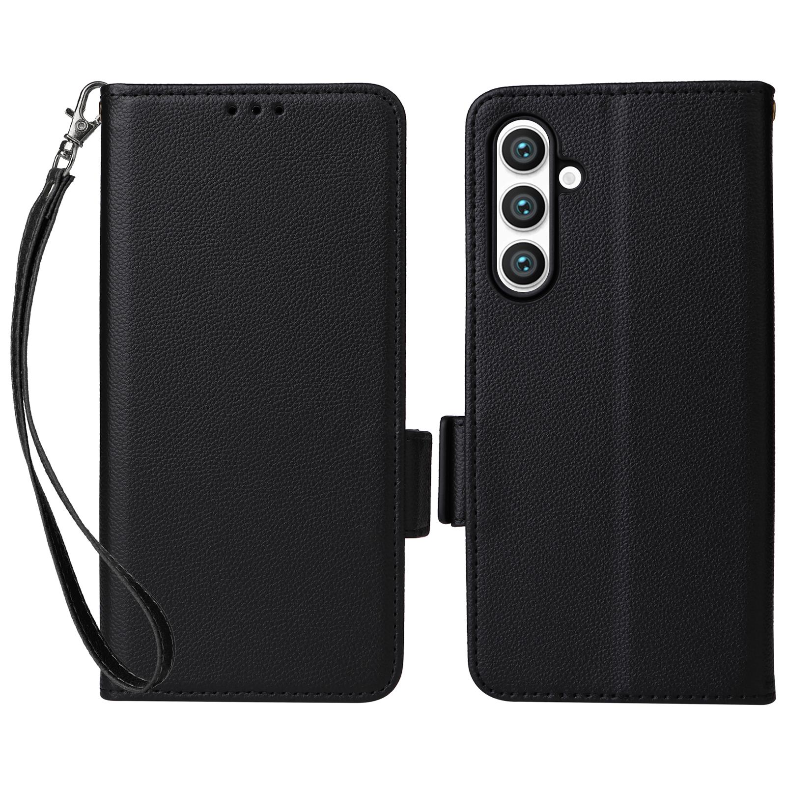 

For Samsung Galaxy S24 FE Case with Wrist Strap Litchi Texture PU Leather Wallet Phone Cover Black