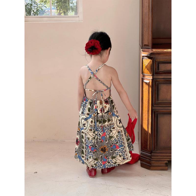 Summer 2026 Floral Strappy Beach Dress - Girls  Resort Style Backless Lace-up Princess Design 120cm