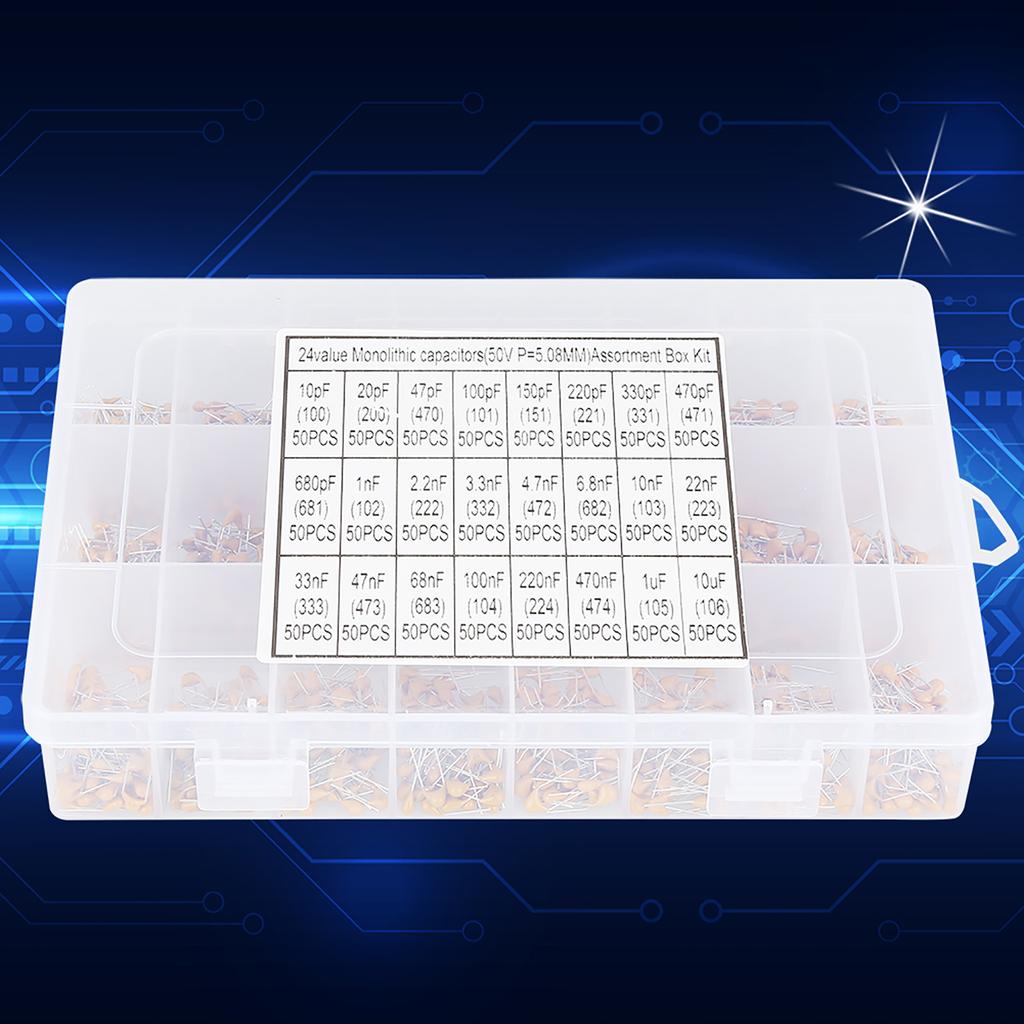1200Pcs 24 Values 50V 10pF‑10uF Monolithic Ceramic Capacitor Assorted Kit Capacitor Assortment Capacitor Electronic Capacitor