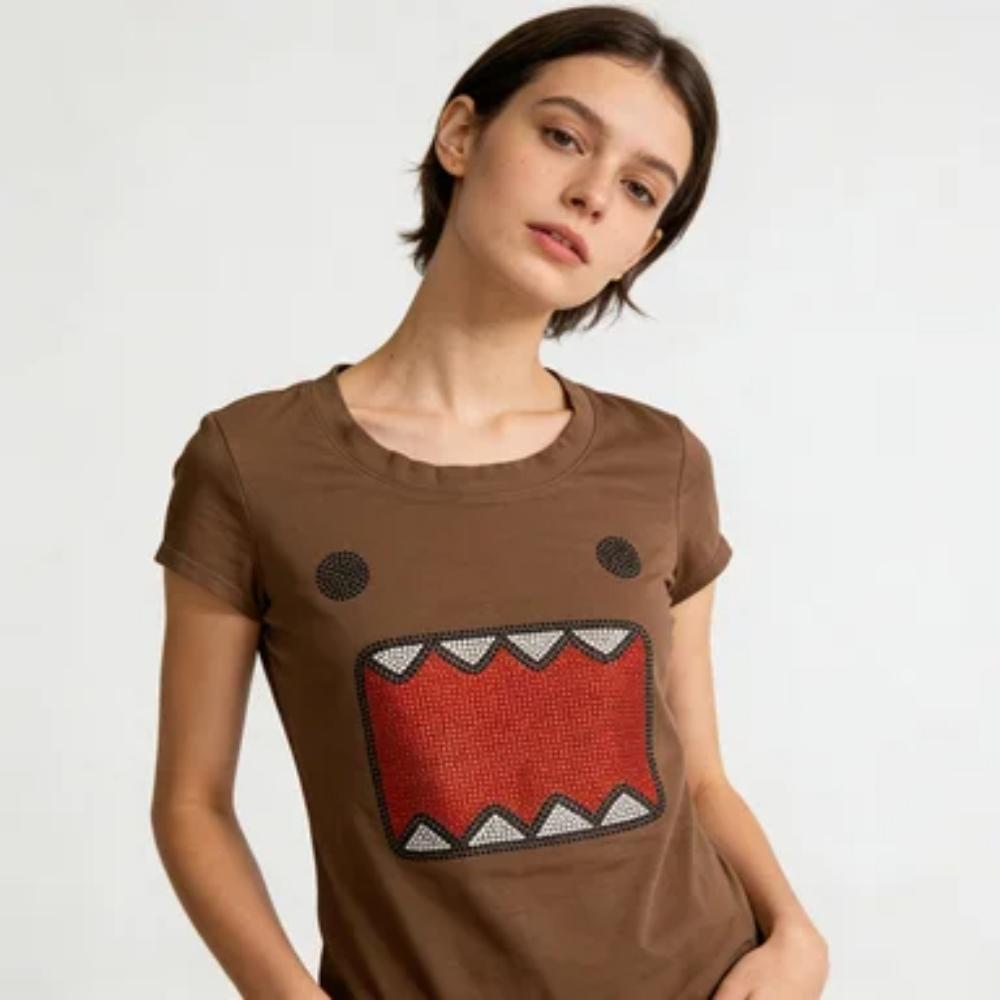 Casual Streetwear Kawaii Domo Kun Rhinestone Cartoon 2000s Quality Round Neck Short Sleeves Simple Daily Routine Fit T Shirt Top