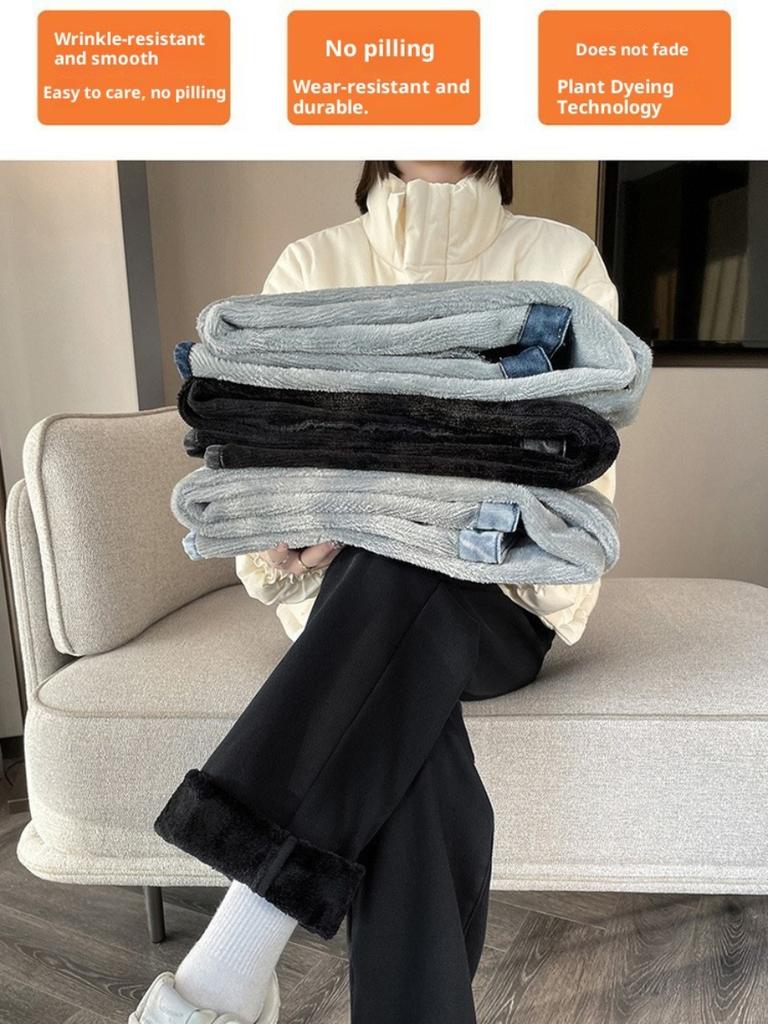 Thickened Wide-leg Jeans for Women 2025 Winter High Waist Loose Slim Drape Warm Straight Trousers Plus Velvet Pants
