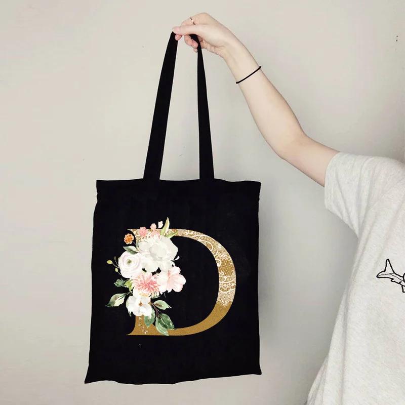 Gold Letter Flower Canvas Bag Women's Shopping Bag Reusable Large Capacity Portable Handbag Harajuku Student Shoulder Bag