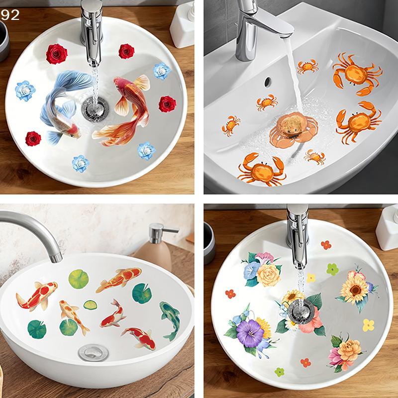 Lucky Koi And Floral Washbasin Sticker Self-Adhesive Waterproof Removable Bathroom Sticker, Wall Bathroom Sink Decal Home Decor