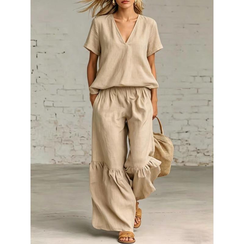 TIFICY Women's Fashion Casual Summer Spring Solid Color Print Short Sleeve V-Neck Trousers Pants Suits