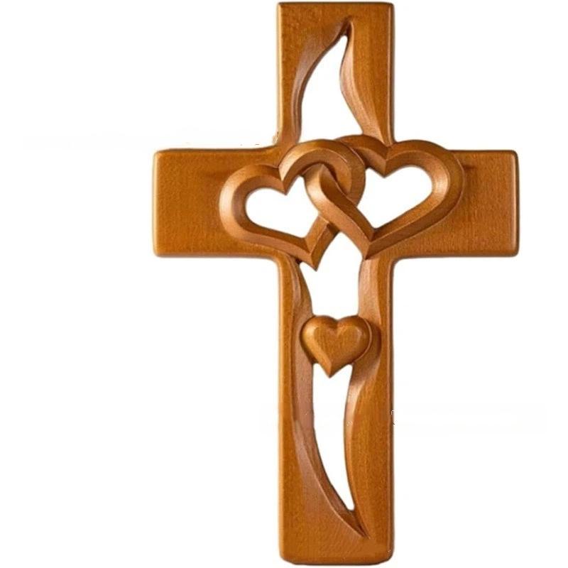 Hand-Carved Intertwined Hearts Cross Wall Decoration Rustic Wooden Double Hearts Cross Wall Sculpture Religious Decor