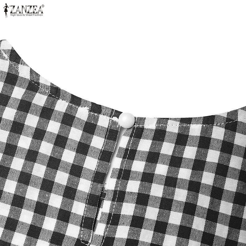 ZANZEA Women Grid Print Casual Round Neck Short Sleeve Dress