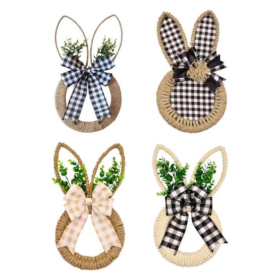 Osterhasenkranz Hanfseil Frühlingshasenkranz mit Schleife Oster-Türhänger für Bauernhaus Veranda Tür Wand Fensterdeko