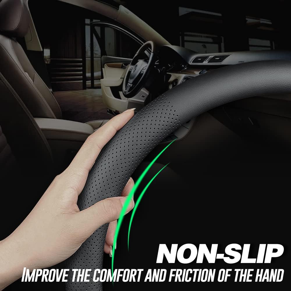LKWLIKEI Nappa Premium Leather Car Steering Wheel Cover, Non-Slip, Breathable, Universal 15 Inches, Black.