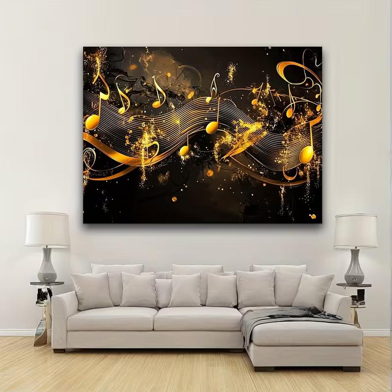 2D Luxury Music Art Backdrop, Black and Gold Notes with Sparkles for Wall Decor