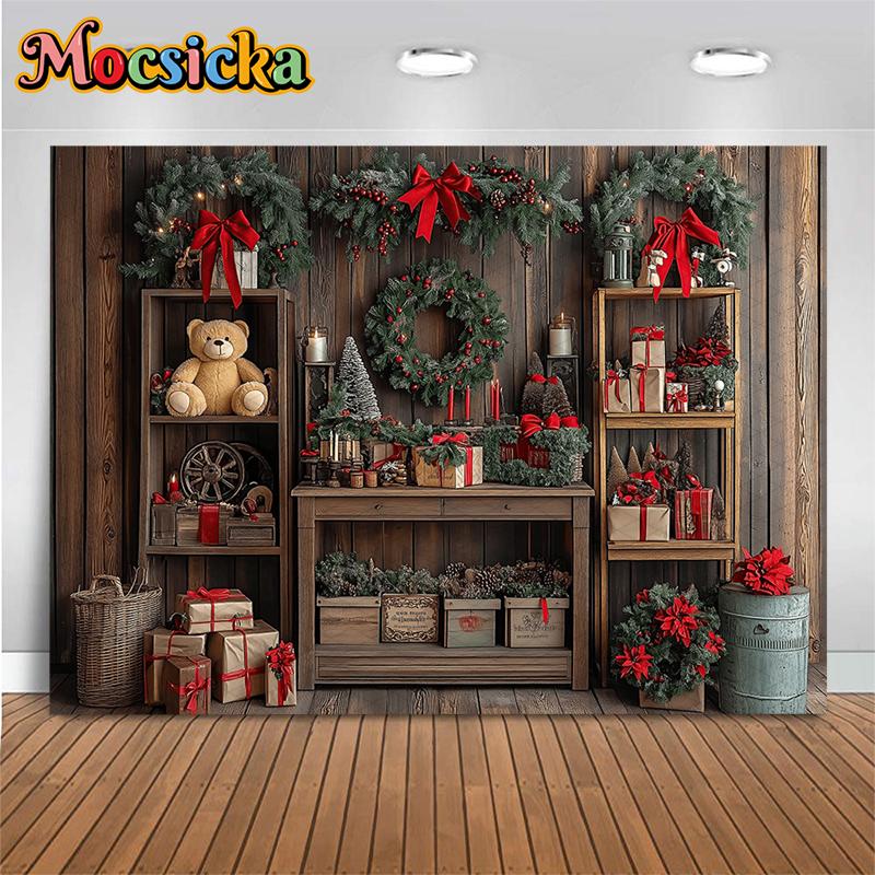Mocsicka Christmas Home Backdrop Soft Washable Indoor Tree Photo Background Photography Wreath Bear Gift Wood House Decor Banner