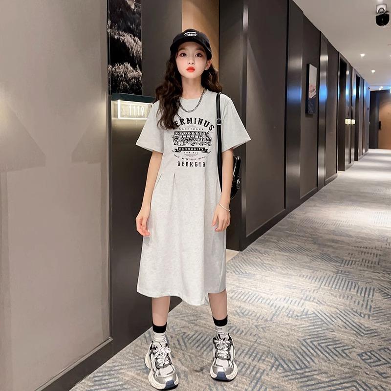 

Летние платья для девочек, детские спортивные платья с коротким рукавом, детская одежда, платья для девочек-подростков 6, 8, 10, 12, 14 лет 170 серый