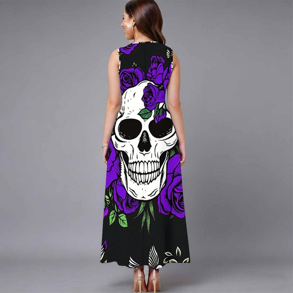 Women Plus Size Sleeveless Round Neck Dress Luxe Large Blossom Printed Flowy Calf Length Gown