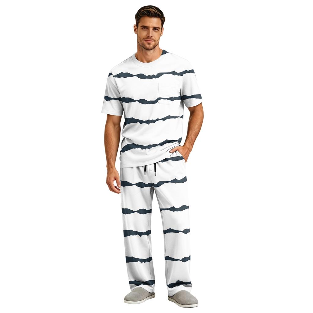 Men's Short Sleeve Pajama Set with Long Pants, Button Crotch, Elastic Waist Drawstring - Comfortable Sleepwear