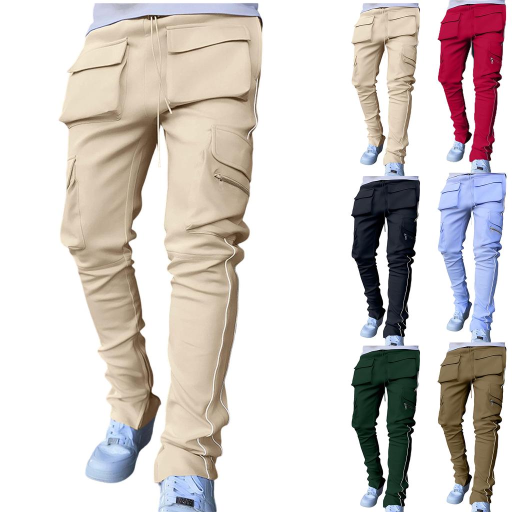 Men's Stretch Cargo Pants with Multi Pockets and Reflective, Straight Leg Workout Fitness Casual Long Pants for Spring and Fall