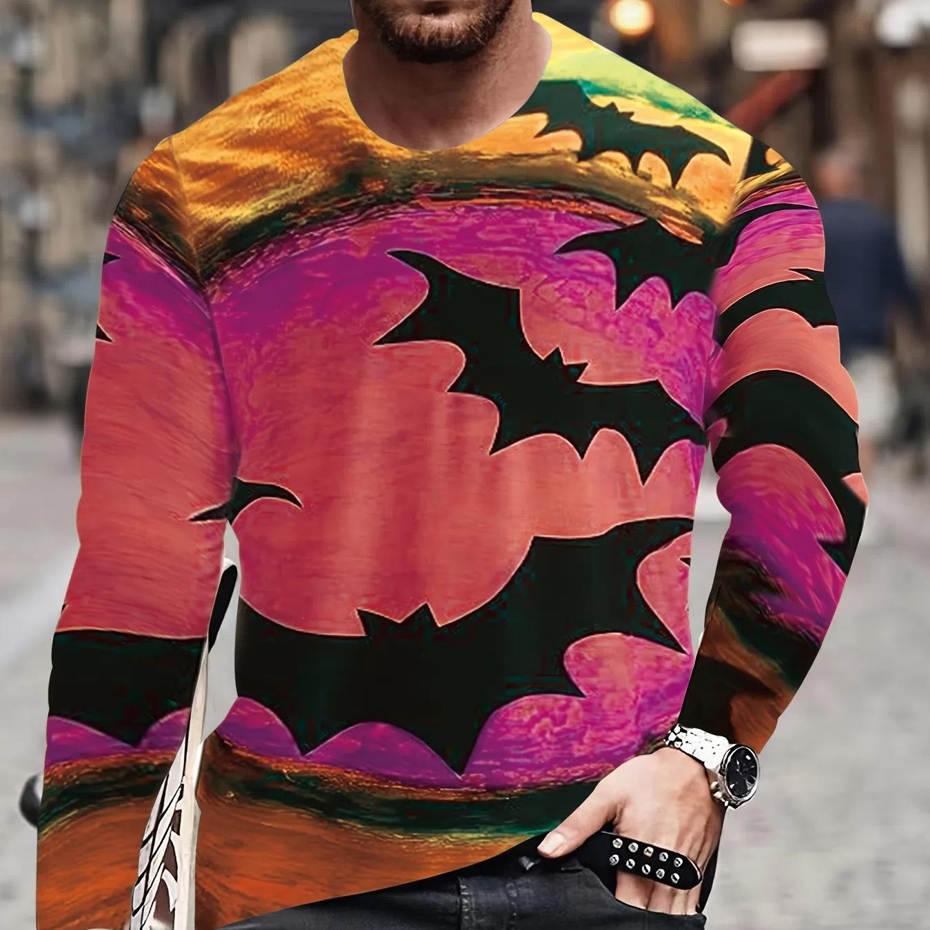 

Футболка с длинным рукавом и цветным блоком с 3D-принтом и летучей мышью для мужчин - яркая графика из мягкой ткани, идеальная для Хэллоуина, весна-осень 6XL