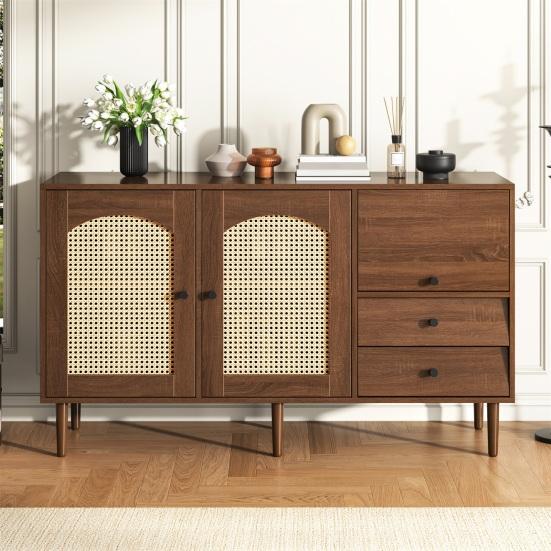 Country Style Sideboard with Rattan Doors, 130 x 75.5 x 40cm Magnetic Lock, Adjustable Shelves, Sturdy Structure, Versatile