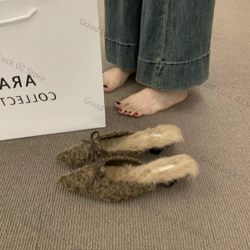 Fashion 2025 High Heel Plush Slides Woman Fashion Elegant Pointed Toe Lamb Hair Slippers Ladies Luxury Plush Evening Party Pump Shoes