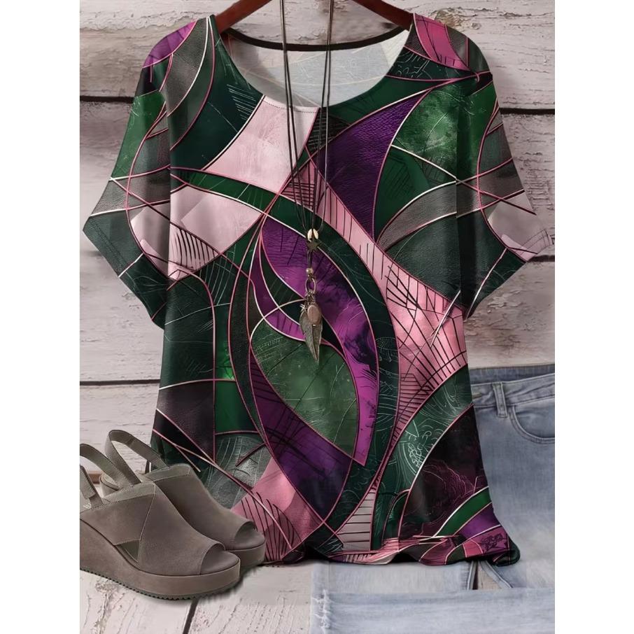 XL-7XL Plus Size Women's Men Casual 3D Print Loose V Neck Short Sleeved T-shirt Top