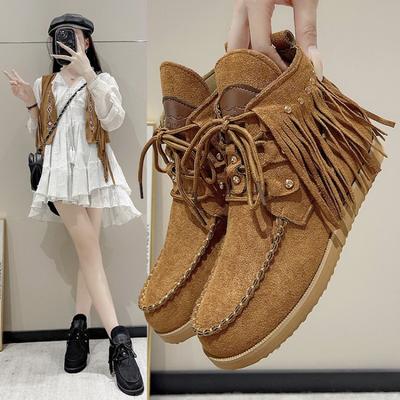 Große Retro-Fransen-Kurzstiefel für Damen Herbst und Winter neuer Wind Schnürstiefel mit flachem Boden Zhuotian Kurzstiefel für Damen