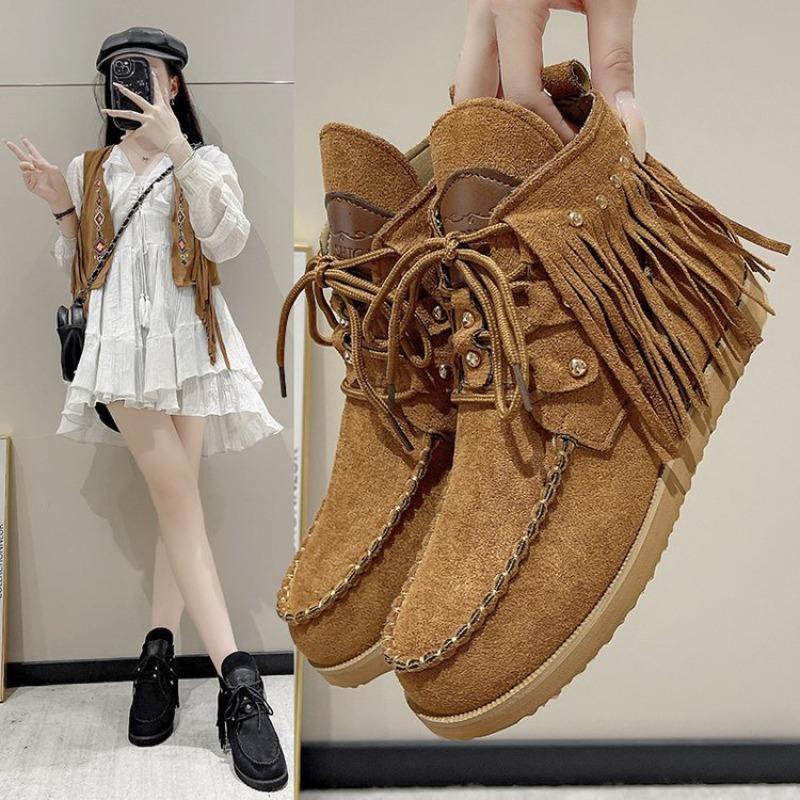 Large size retro fringed short boots for women's autumn and winter new wind lace-up flat-bottomed Zhuotian short boots for women