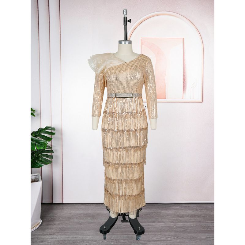 

Cross-Border African Women s Clothing Plus Size New Style Ins European and American Foreign Trade Sexy Mom Dress Evening Sequin Dress Champagne L