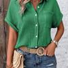 Women's Cotton Shirt Short Sleeve Button Front Turn Down Collar Loose Fit Blouse