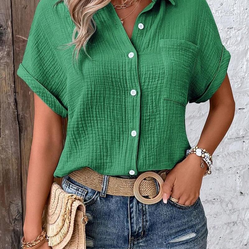 Women's Cotton Shirt Short Sleeve Button Front Turn Down Collar Loose Fit Blouse