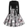 Christmas Print Flare Dress For Women Long Sleeve Dress Hollow Party Casual Dresses
