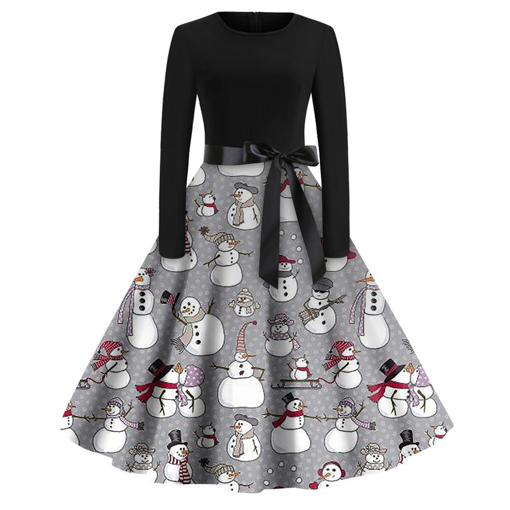 Christmas Print Flare Dress For Women Long Sleeve Dress Hollow Party Casual Dresses
