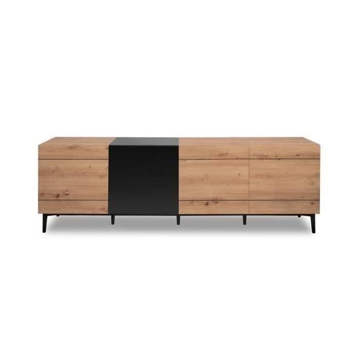 Buffet Bas / Meuble TV NOLA - Décor chêne et noir - 4 portes - L 200 x P 42 x H 65 cm