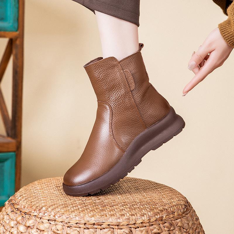 Dámské zimní boty do sněhu na platformě Teplá kožešinová podšívka Nízký robustní blokový podpatek Kotníkové boty Boty se zipem Kožené protiskluzové vycházkové krátké boty pro ženy
