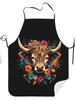 Apron for Cooking And Cleaning Featuring a Highland Cow Decorated with Flowers, Washable And with Adjustable Waist Straps