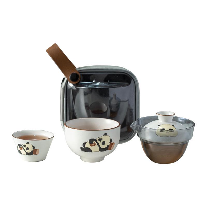 Panda Glass Kung Fu Tea Set Travel Tea Set Chinese Creative Ceramic Quick Cup Portable One Pot Two Cup Tea Ceremony Tea Set