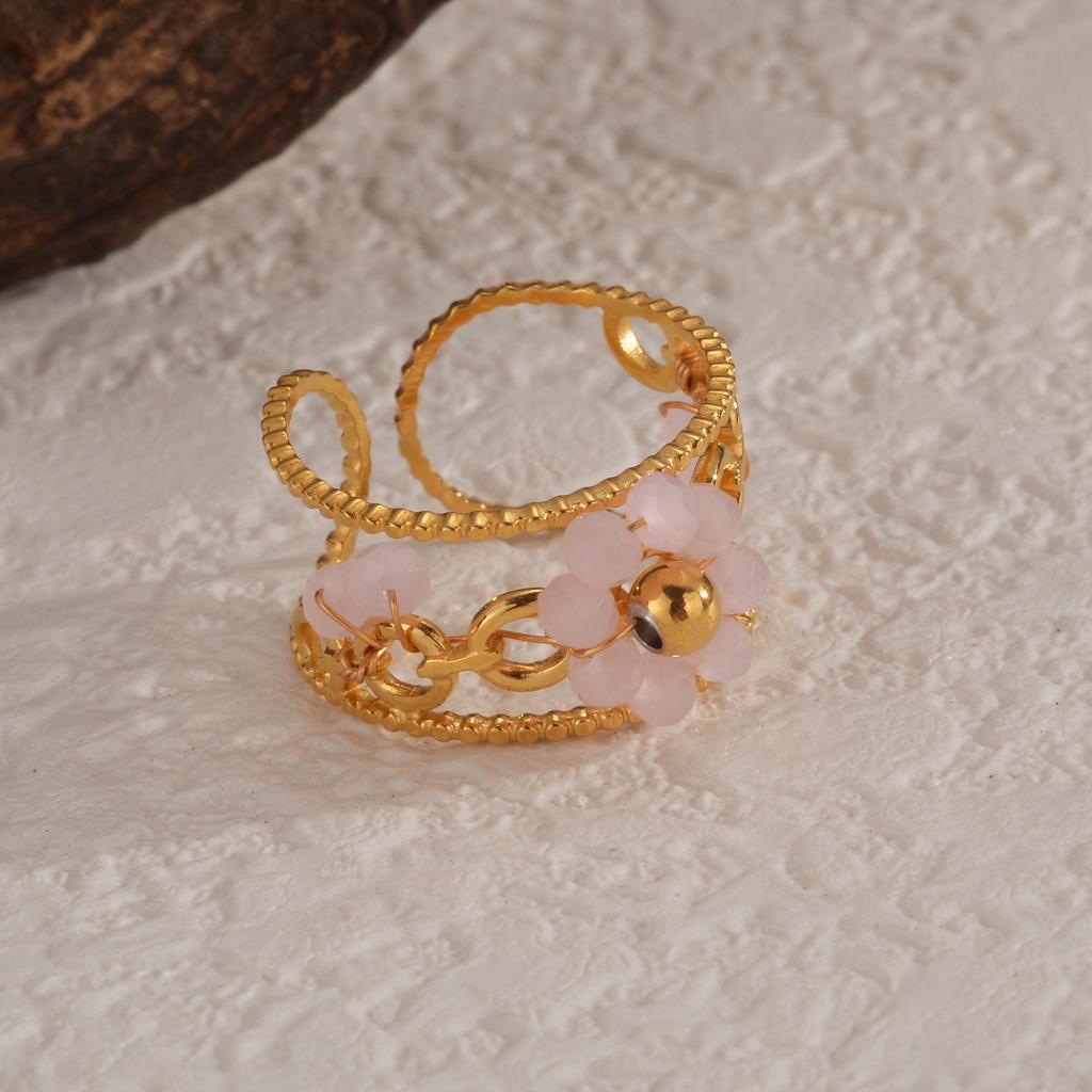 Atoztide Fashion Exquisite Small Flower Open Ring For Women Stainless Steel Colored Beaded Adjustable Finger Ring Jewelry Gift