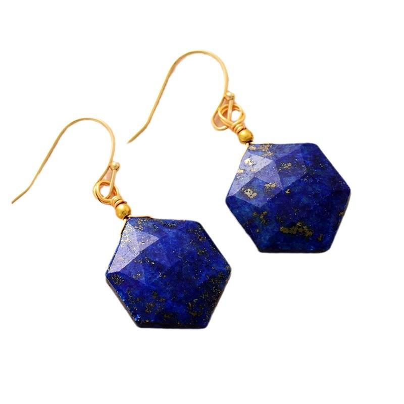 Luxury New High Quality Natural Stone Amethyst Blue Gold Hexagonal Pendant Earrings Earrings European and American Popular Crystal Jewelry Jewelry