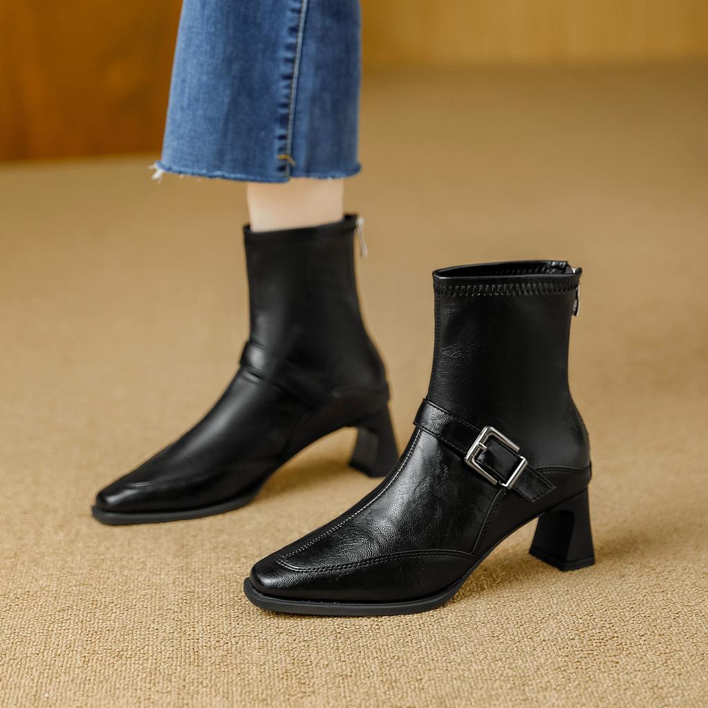 Retro Thin Boots Women's 2025 Autumn New Models Are Huge and Good-looking French Short Boots Are Not Tired of Thick Heels Square Head Versatile Bar