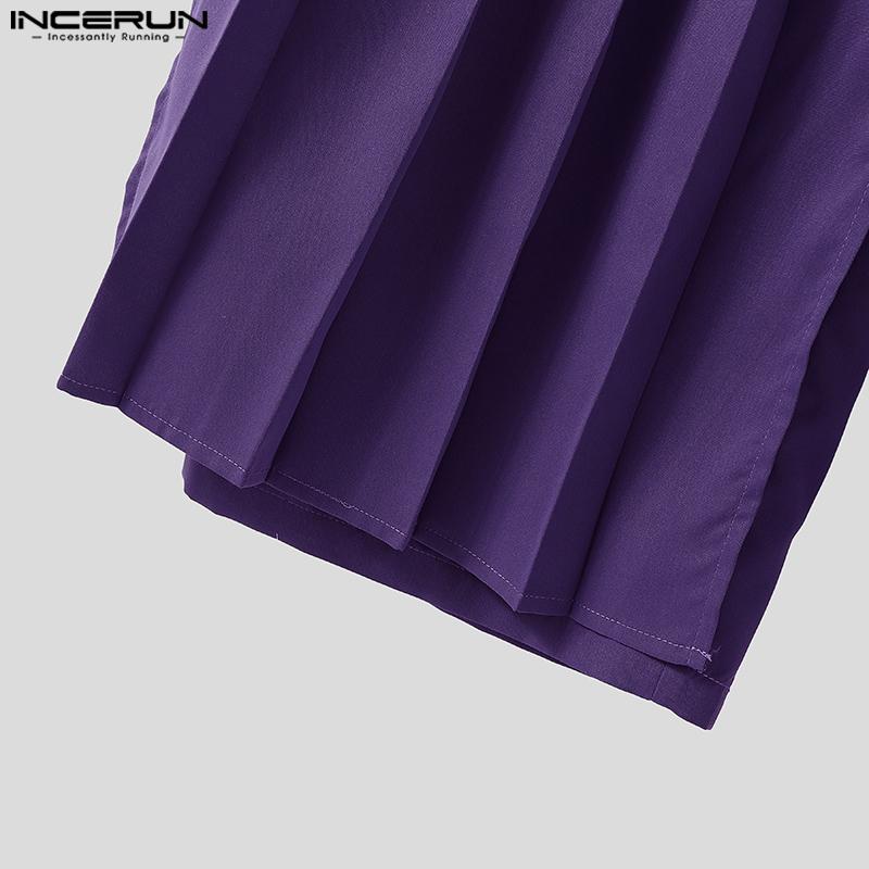 INCERUN Men Solid Color Zipper Waist Pleated Layers Casual Wide Legs Pants Trousers