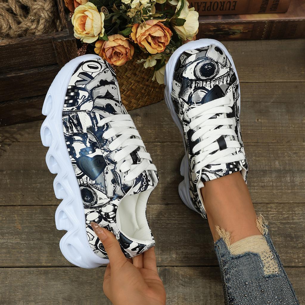 Zapatillas planas de moda para mujer 2024 Primavera y Otoño Nueva Moda Estampado Aleatorio Cómodas para Caminar con Cordones Zapatos Casuales Talla Grande