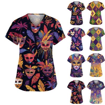 Women's Fashionable V-neck Workwear Printed Short Sleeved Pocket Side Slit Workwear Basic Pullover Top