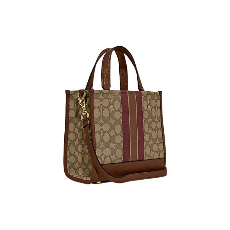 Coach Dempsey 22 Letter Logo Stripe Print Fabric And Leather Tote Bag Women Tote Bags Elephant-Gray Brown C8417-IMVGB