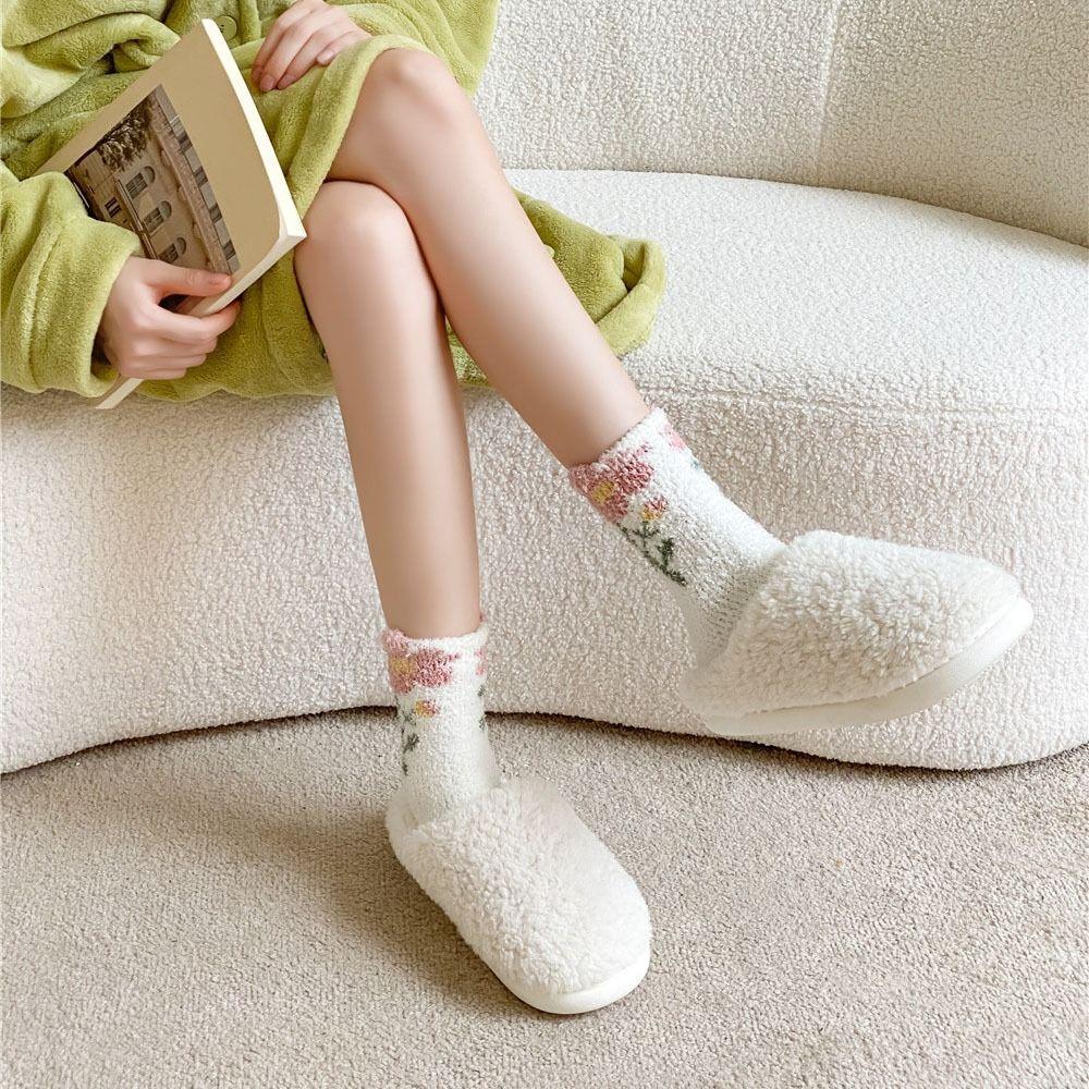6Pairs Thickened Coral Fleece Socks Flower Warm Socks Women Floor Plush Socks For Female Men