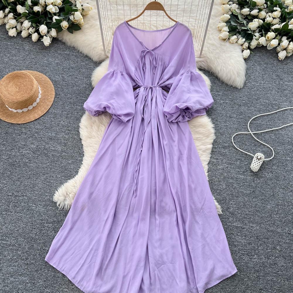 Retro V-Neck S páskem v pase Lucernový rukáv Délka ke kolenům A-Line Midi šaty Korejský Sle Letní Dlouhé šaty pro ženy