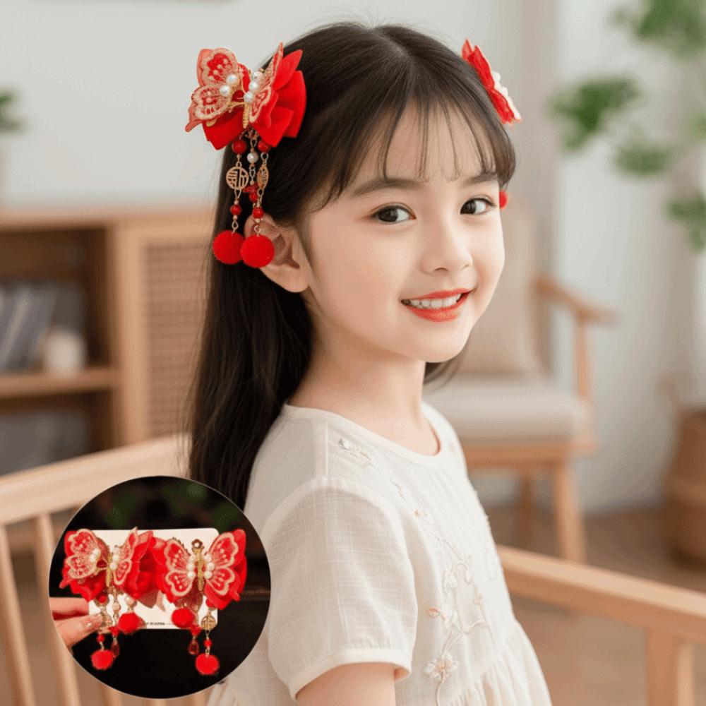 1 Pair Flower New Year Headwear Pearl Bow Tassel Hairpin Hanfu Red Hair Clips  Children