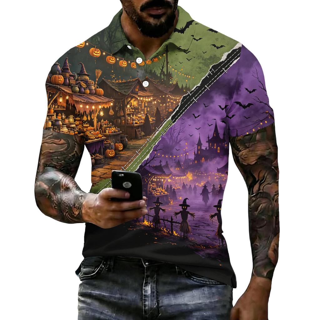 Men's Halloween Print Vintage Texture Short Sleeve Polo Shirt Loose Breathable Summer Sports Street Casual Daily Wear Top