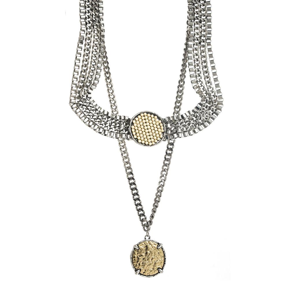 Personality Trend ZA Multi-layer Thick Chain Stacked Necklace Retro Geometric Two-color Alloy Badge Collarbone Chain